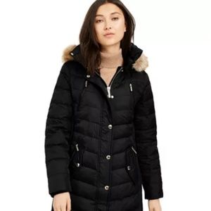 Faux-Fur-Trim Hooded Chevron Down Puffer Coat